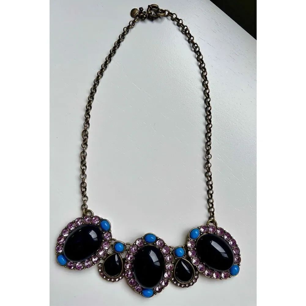 J.Crew Faux Black Onyx Turquoise Rhinestone Statement Necklace Antique Gold Tone